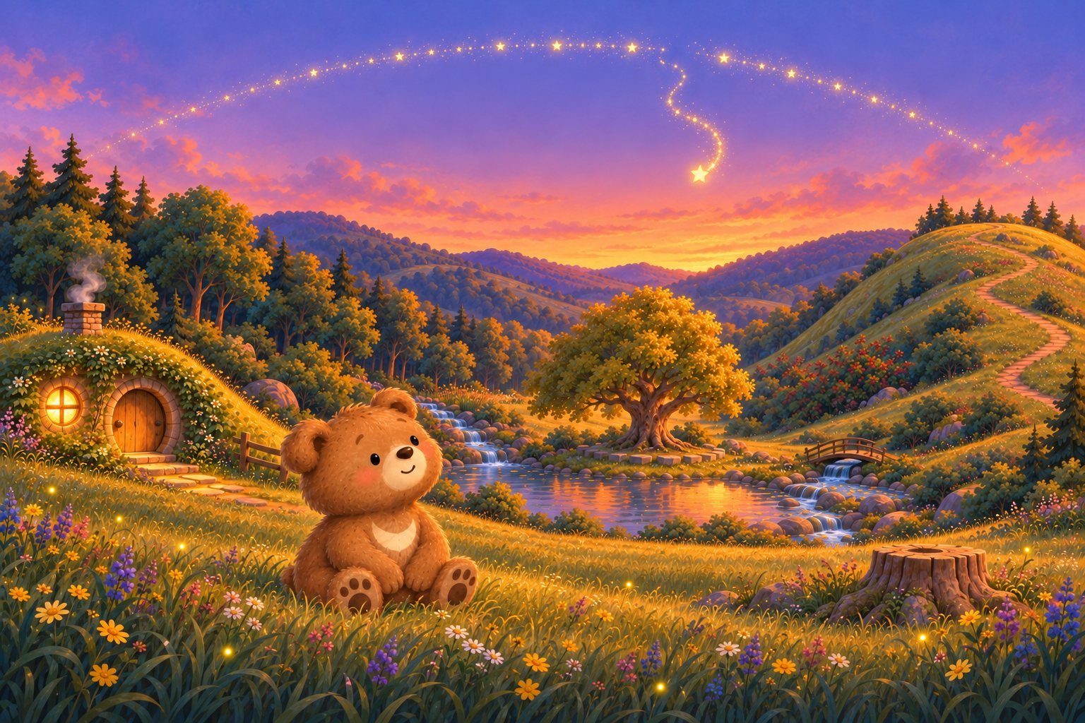 A small brown bear cub with a cream crescent mark on his chest sits in a flowery meadow at dusk, beside a round hillside den with a glowing window, while a little star tumbles down from a golden arc of stars.